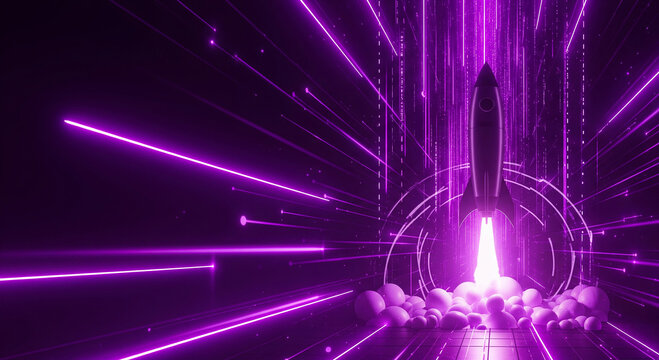 A sleek purple rocket ascending with high speed, representing creative business strategies and future technology growth goals