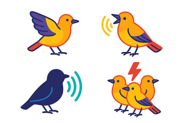 Obraz premium Avian Signal Icons. Isometric vector illustration set Avian Communication Signals: Wing tilt cue, rhythmic wingbeat, call icon