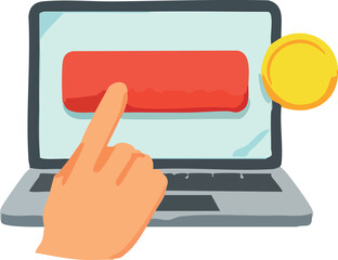 A flat vector illustration shows a hand pressing a red button on a laptop screen next to a gold coin icon, representing online donations or digital actions.