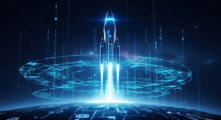 A holographic digital rocket on a futuristic launchpad, symbolizing new tech ventures and strategic startup planning goals