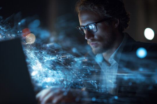 A man is looking at a computer screen with a blue screen that has a lot of lines - Powered by Adobe