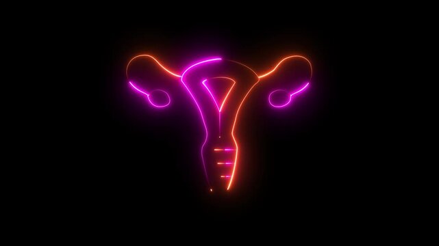 Glowing Neon golden and purple Uterus Icon, Medical and Healthcare Symbol for Women's Health.