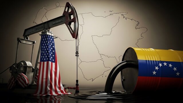 Oil pump and barrel with USA and Venezuela flags in water