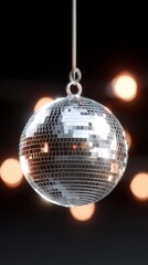 A silver disco ball is hanging from a string