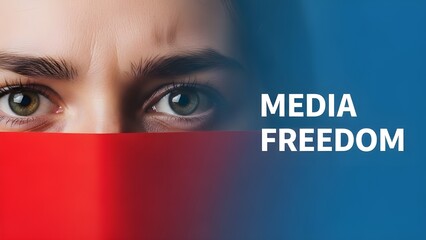Media freedom concept with intense eyes and text on blue background
