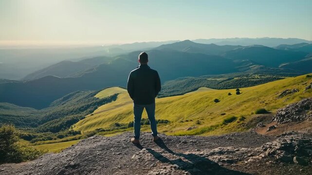 Man standing on a rocky ledge overlooking a vast mountain landscape. Embracing nature's beauty and seeking inspiration in the great outdoors