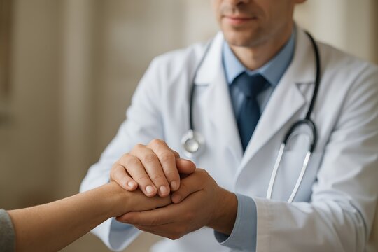 Close up of doctor in white coat holding patient's hand with gentle care for medical support concept and empathetic reassurance