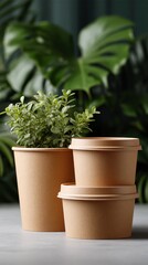 Fototapeta premium Three paper cups with lids sit on a table next to a plant