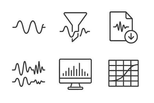 Signal Processing Icons. Line style icons of Signal Processing Applications: digital signal wave, filter icon with waveform,