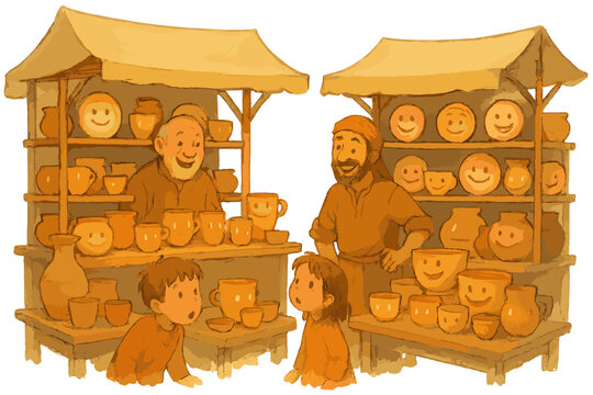Glowing Pottery Market. Pottery market with stalls full of glowing cups, laughing plates, curious children, and friendly traders