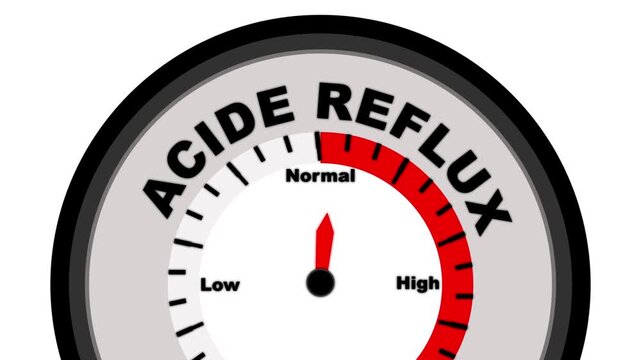 Acid reflux text or word displayed with a barometer or tachometer-style gauge showing levels from low to normal to high, symbolizing the severity of acid reflux symptoms or digestive health