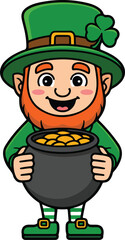 Cartoon leprechaun man with red beard and hat holding pot of gold coins  smiling cheerful character with green outfit and buckles  St Patricks Day symbol