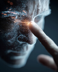 Fototapeta premium A person's face is shown with a finger pointing at a glowing spot