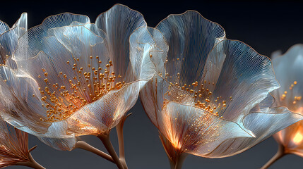 Delicate x-ray floral illustration revealing translucent petals and botanical structure on a dark background