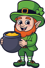 Cartoon leprechaun with red beard and hat holding a pot of gold on transparent background  fun st patricks day character