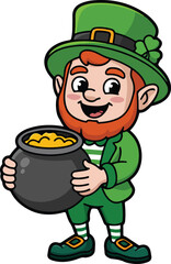 Cartoon leprechaun man with red beard and hat holding pot of gold coins smiling  St Patricks Day symbol  luck and wealth  green outfit  gold buckles