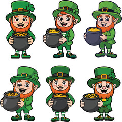 Set of cartoon leprechauns in green costumes holding pots of gold coins  cheerful smiling little people in traditional Irish clothes with beards and hats  various poses