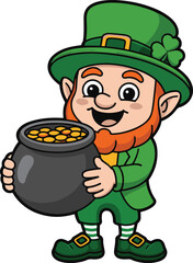 Smiling leprechaun holding pot of gold coins wearing green hat and suit on transparent background  St Patricks Day symbol with red beard and buckles