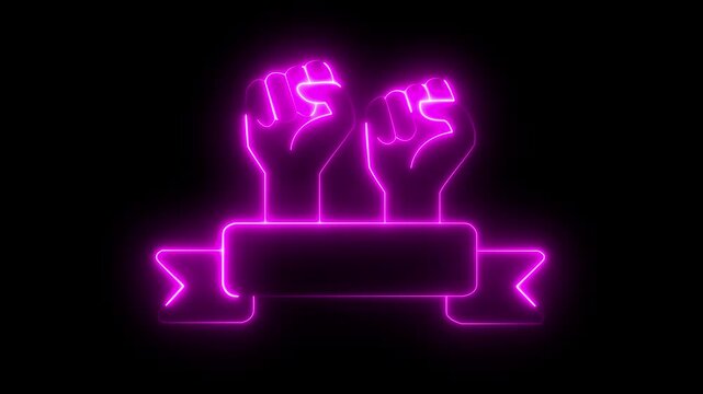 Feminists protest glowing neon line animation. Woman raised fists with ribbon animated icon. Females rights and freedom. Isolated illustration on dark background. Transition alpha video