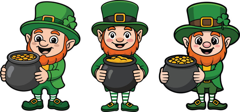 Cartoon leprechauns in green suits holding pots of gold coins  smiling and happy characters