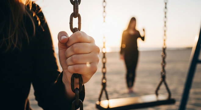 A close-up of a hand holding a swing chain with a silhouette in the background, perfect for separation concepts and emotional plans