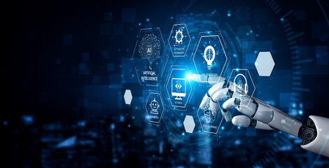 AI learning system powered by deep learning, supervised models, and NLP. Diagram illustrates how AI learns through automation, data processing, and intelligent self-improvement. spline