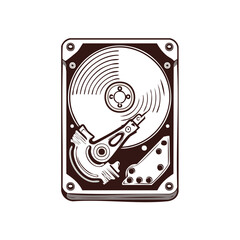Hard disk drive sketch illustration with platter, head, and actuator arm in black outline style for information storage