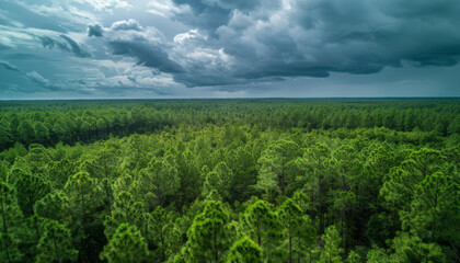 Lush green forest landscape under dramatic cloudy sky showcasing nature's beauty and serenity