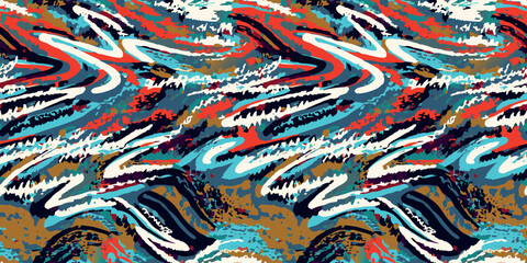Fototapeta premium Seamless abstract graffiti vector pattern with energetic brush strokes in red, teal, white, black and golden brown colors