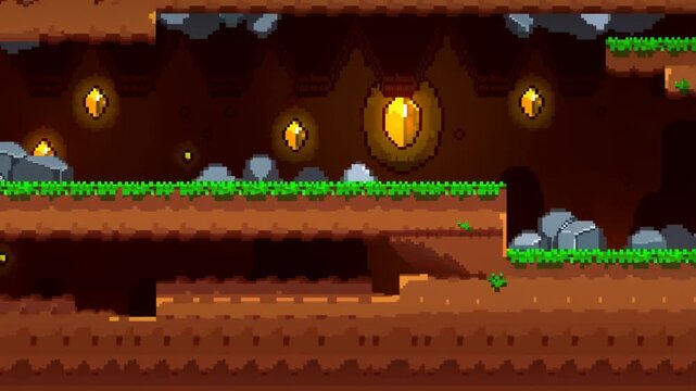 Colorful pixel art cave environment with glowing coins and rocks. Ideal for video game backgrounds and adventure themes