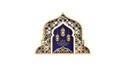 Ramadan kareem greeting card design with ornate archway, lanterns, and islamic patterns isolated on transparent background