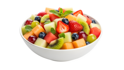 Fresh fruit salad in a white bowl with mint garnish isolated on transparent background