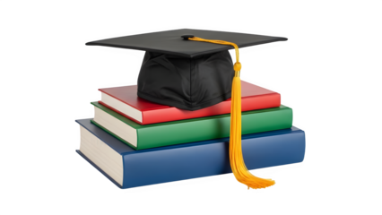 Graduation cap mortarboard on stack of textbooks isolated on transparent background