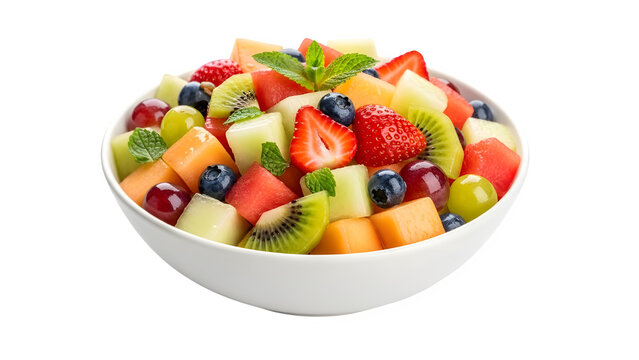 Fresh fruit salad in a white bowl with mint garnish isolated on transparent background