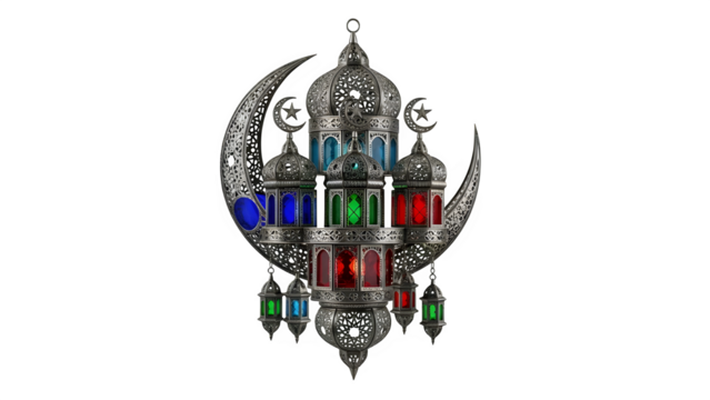 Ornate metal ramadan lantern with crescent moon and colored glass, isolated on transparent background - Powered by Adobe