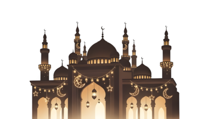Beautifully decorated mosque silhouette with crescent moons and lanterns for islamic celebrations isolated on transparent background