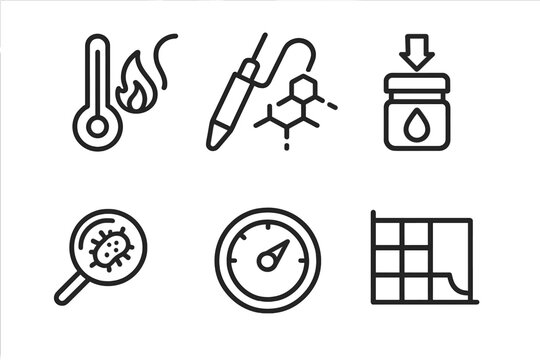 Extremophile Monitoring Icons. Line style icons of extremophile monitoring tools: temperature-tolerant sensor, chemical resistance