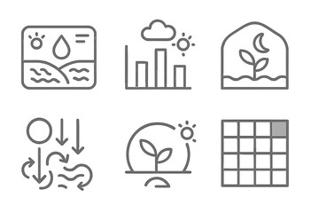 Darkness Cultivation Icons. Line style icons of darkness cultivation systems: low-light irrigation interface, shaded soil chart,