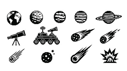 Black and white icons depicting planets space exploration and celestial events © msunny93
