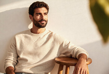 Casual portrait of a handsome spanish man in mid-30s embracing natural light. design for lifestyle and fashion concepts.