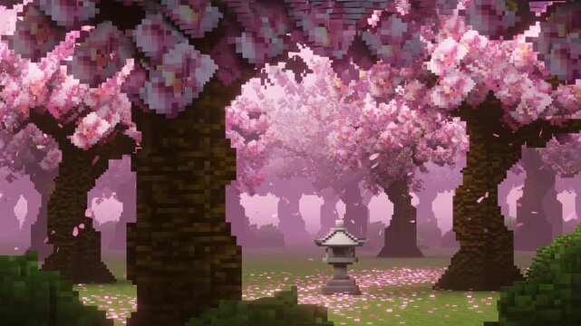 Pixelated cherry blossom trees in a serene park setting with a stone lantern. Represents tranquility and the beauty of nature in a digital landscape