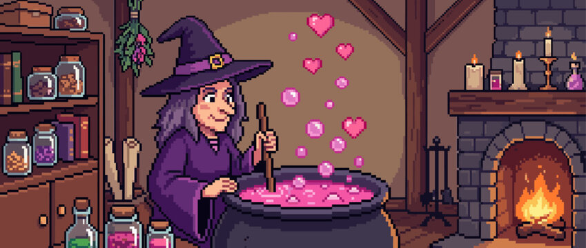Charming pixel art witch in purple smiles while stirring a bubbling pink love potion in a large black cauldron inside her cozy, magical workshop