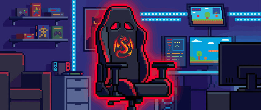 Black ergonomic gaming chair with a glowing red dragon logo is the centerpiece of a vibrant pixel art video game setup with multiple monitors and neon lights