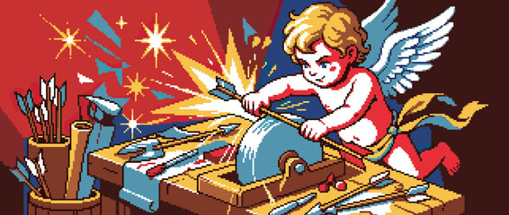 Mischievous pixel art cupid with wings diligently sharpens a love arrow on a spinning grindstone, with bright sparks flying in his colorful retro workshop