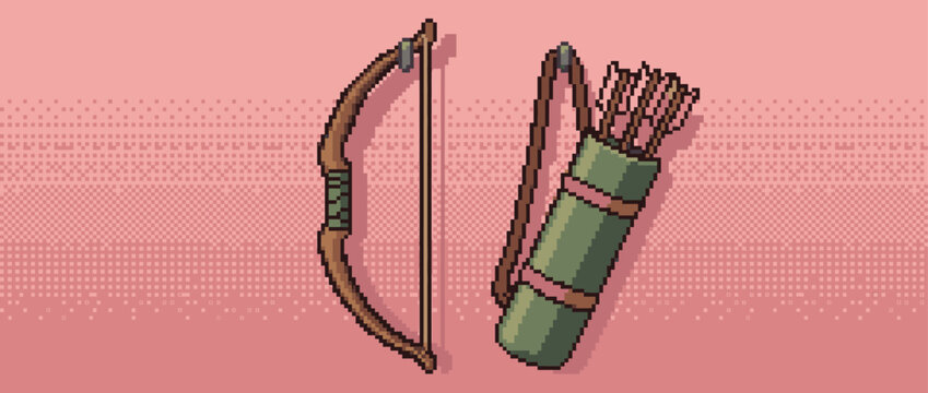 Pixel art wooden bow and quiver full of arrows are rendered in a classic 8-bit video game style, representing a fantasy weapon set for adventure or hunting
