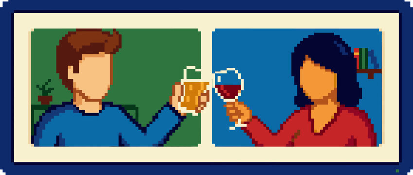 Pixel art illustration of a couple toasting with beer and wine during a virtual video call, representing a long-distance relationship or online dating in a retro 8-bit style
