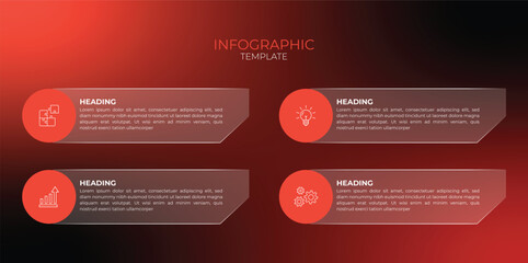 Modern four-step infographic template with red gradient background, rounded panels, icons, and clean layout for business workflow and presentations.