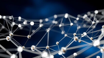 Metallic interconnected spheres forming intricate molecular network, gently oscillating across softened blue background representing scientific complexity - Powered by Adobe