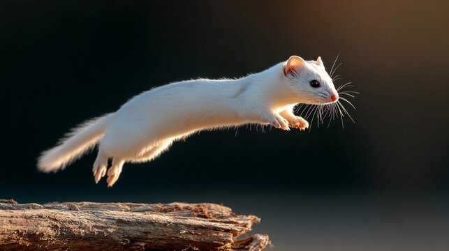 A white ermine is jumping in the air