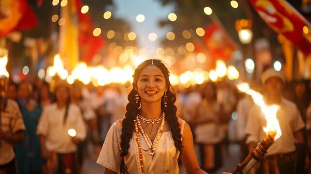 Smiling Woman with Torch in Festival Procession